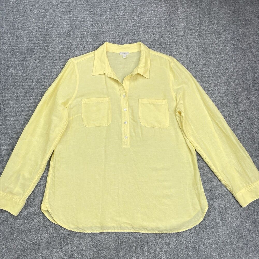Talbots Linen Blend Tunic Top Womens Size Large Yellow Button Front Lightweight
